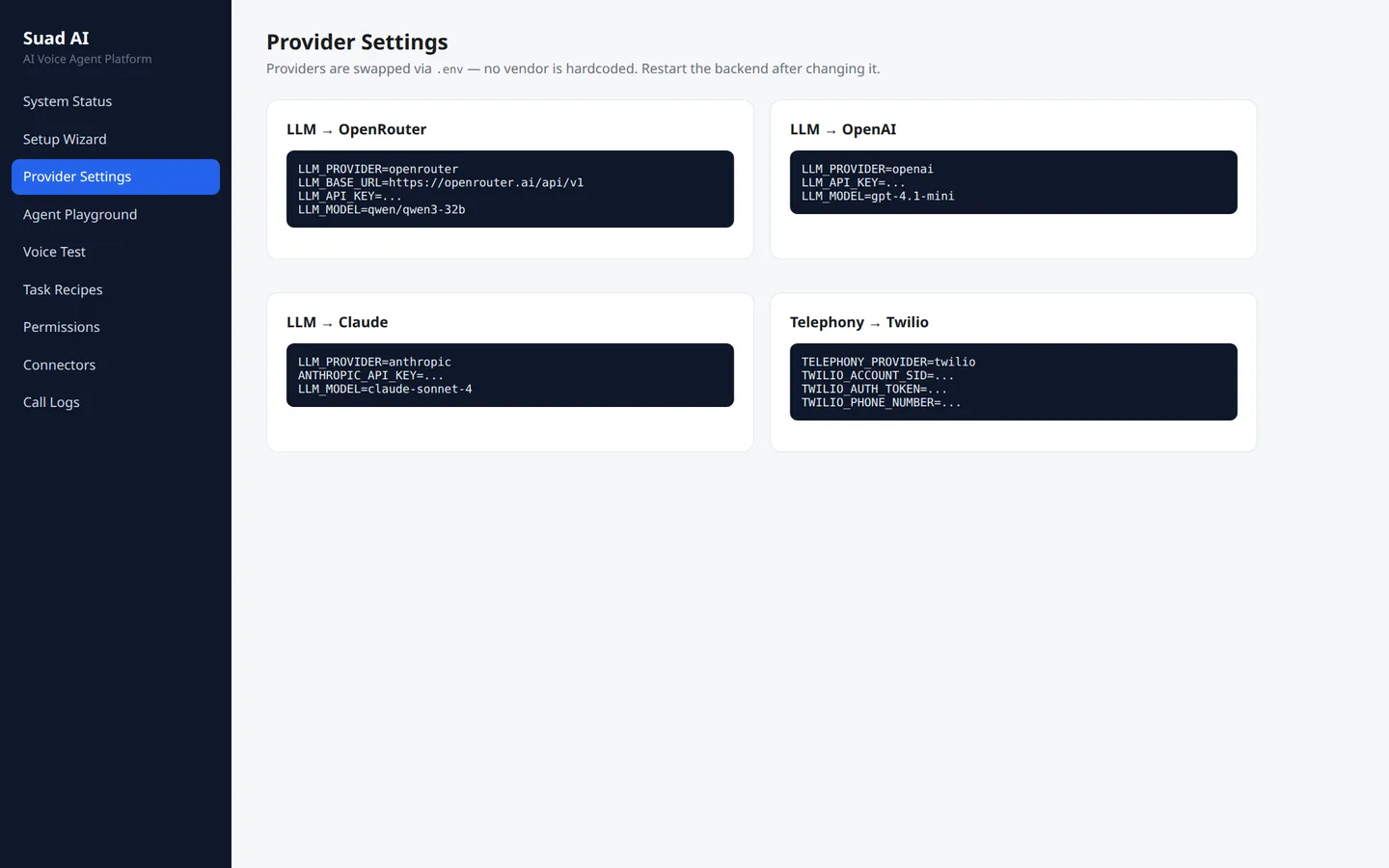 Suad AI admin: provider settings, no vendor hard-wired